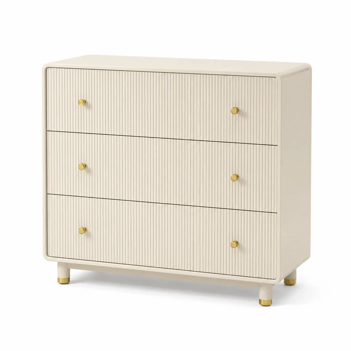 Cassettiera beige con 3 cassetti in legno e maniglie in metallo