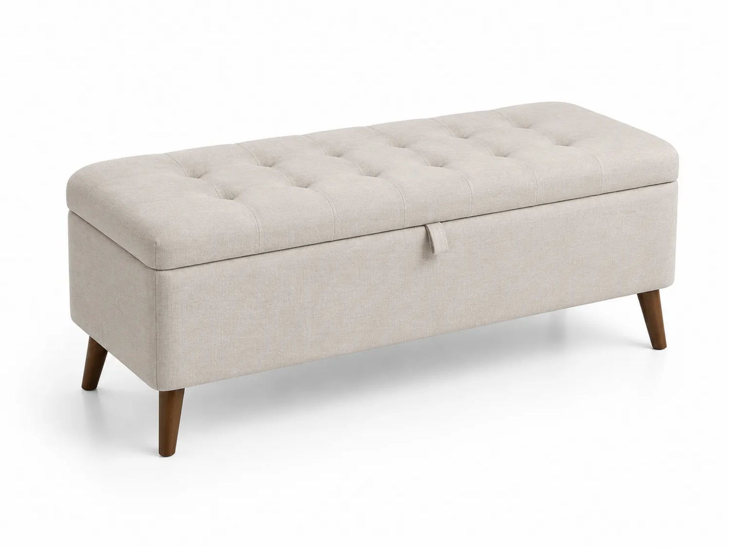Panca in Tessuto Beige con Contenitore e Gambe in Legno