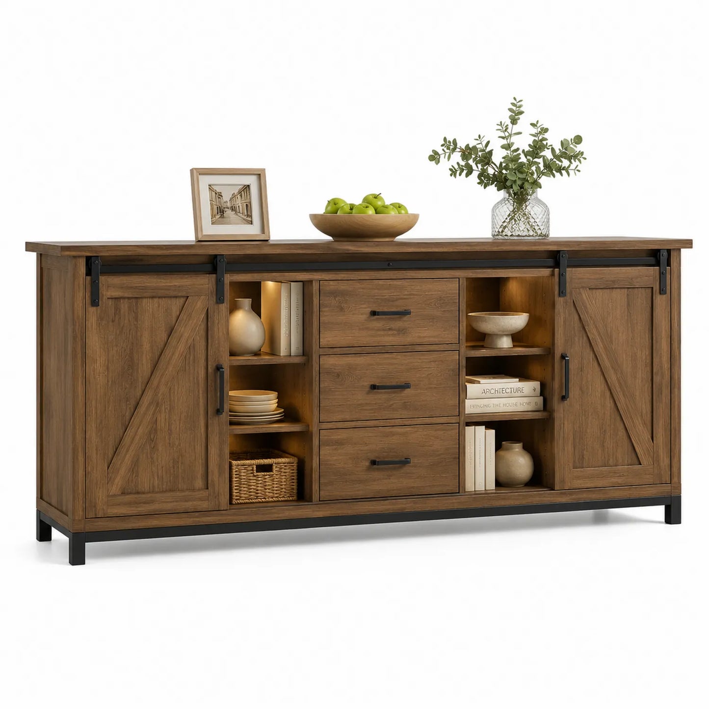 Credenza in legno con ante scorrevoli e cassetti