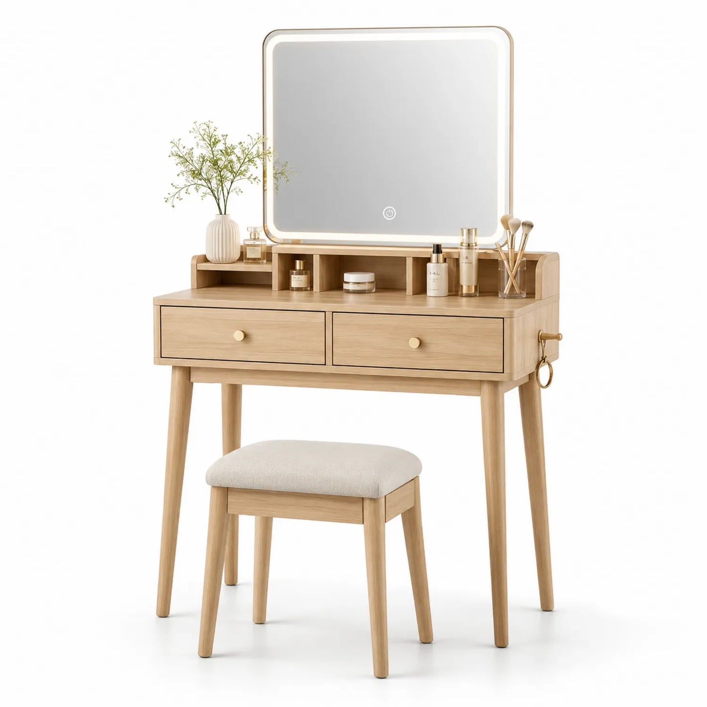 Toeletta in Legno di Rovere Chiaro con Specchio LED e Sgabello