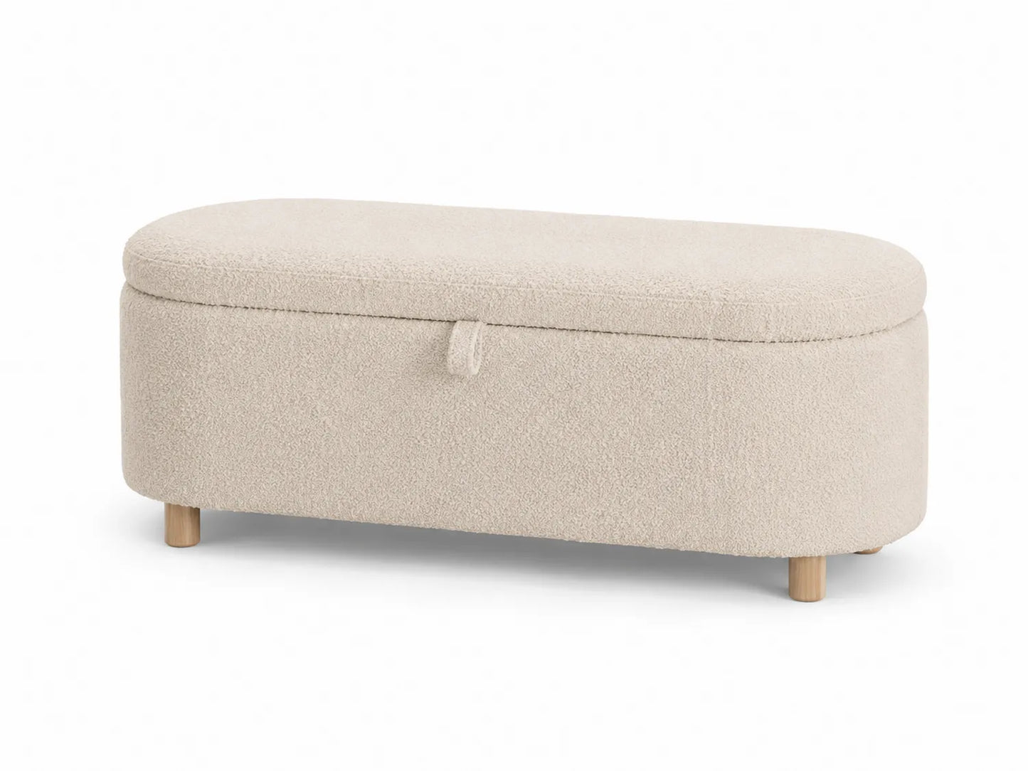 Panca contenitore ovale in bouclé e legno Bianco 120x45x45 cm