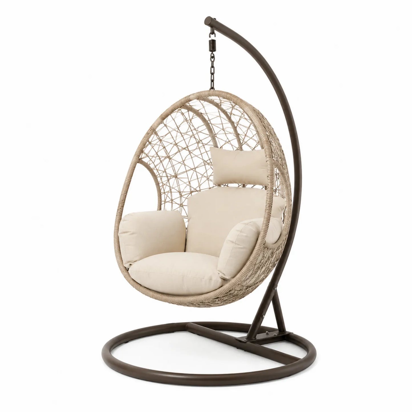 Poltrona Sospesa in Rattan Sintetico con Cuscini Beige, Struttura in Acciaio