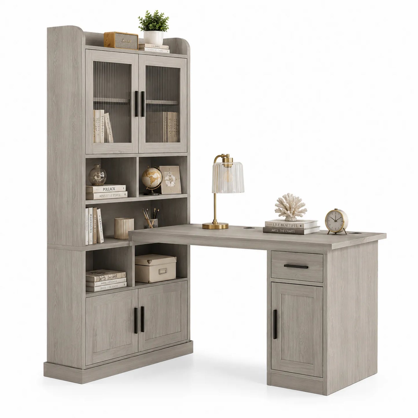 Scrivania ad Angolo con Libreria in Legno MDF Grigio