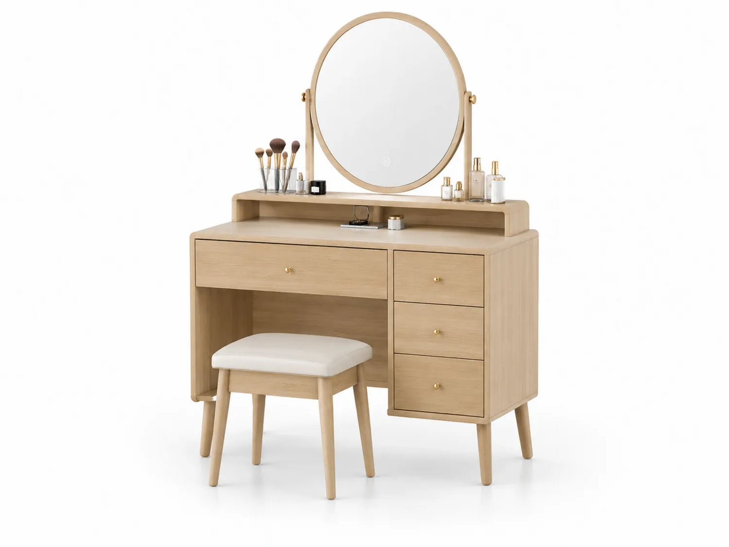 Tavolo Toilette in Rovere con Specchio Rotondo e Sgabello