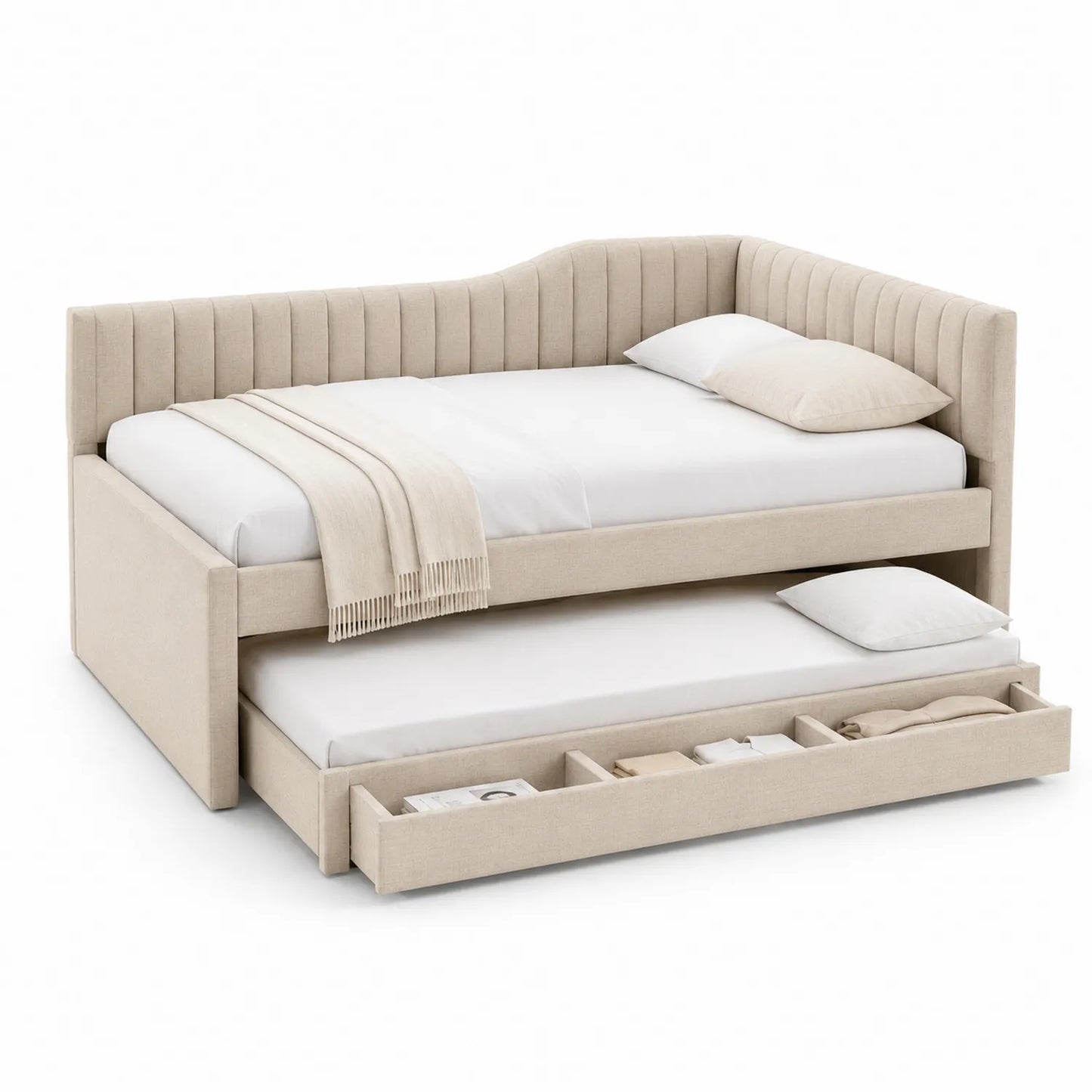Letto angolare con letto estraibile e cassetto in tessuto