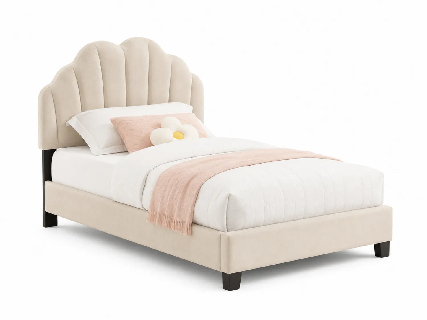 Letto Singolo in Velluto Beige con Materasso e Cuscino Decorativo