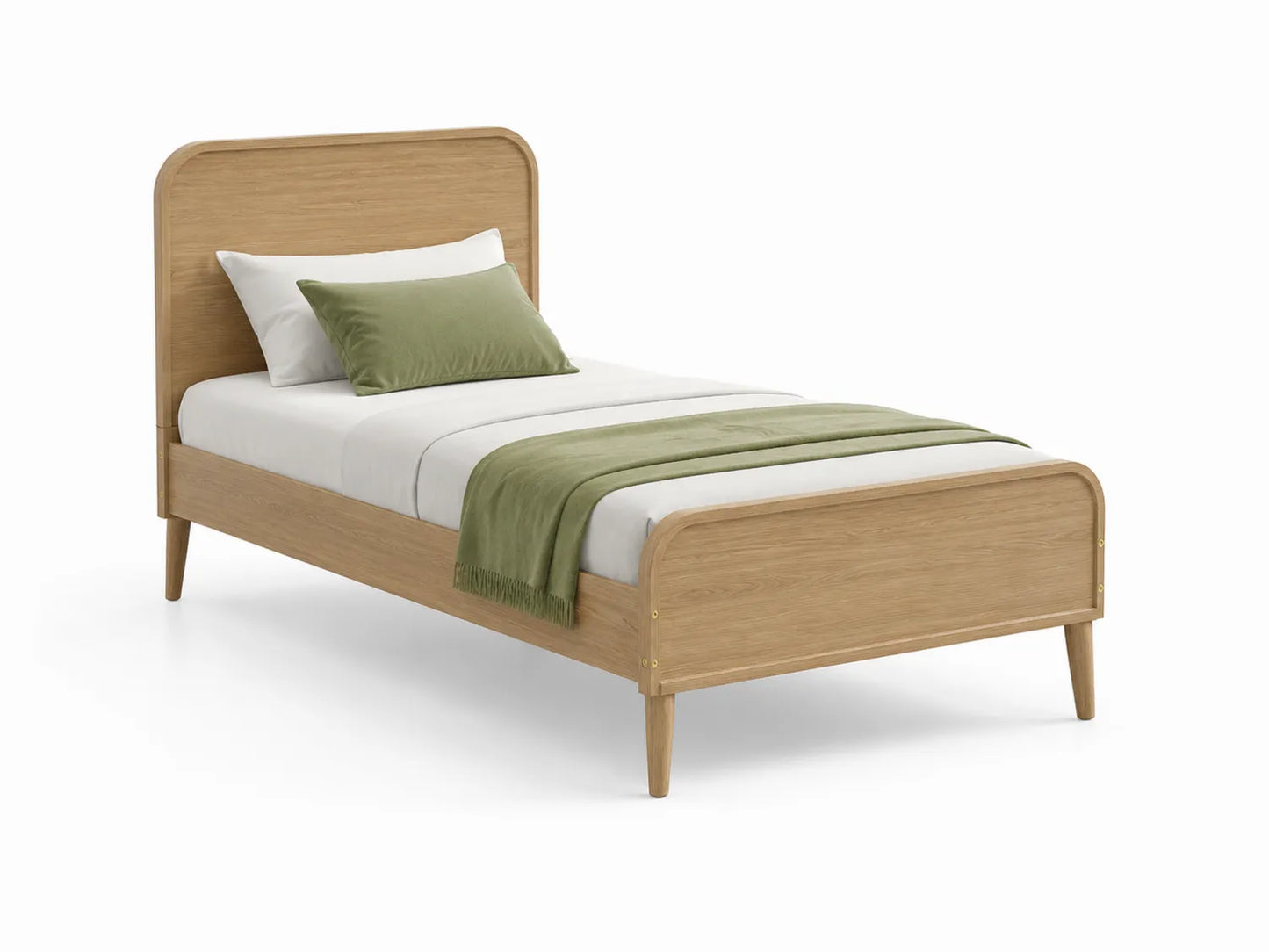 Letto singolo in rovere naturale con cuscini verdi