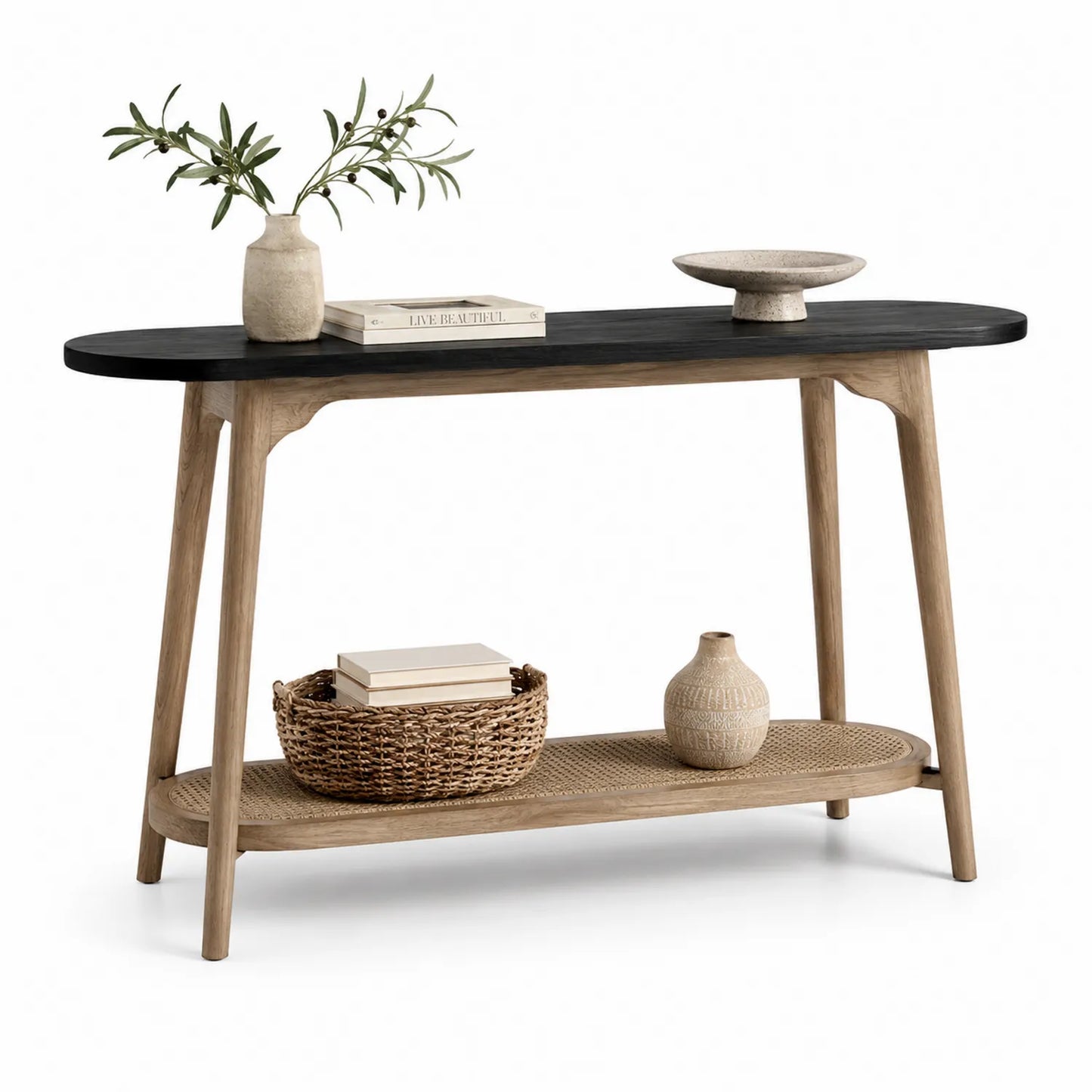 Consolle Ovale in Legno e Rattan Nero e Naturale 120x35x75 cm