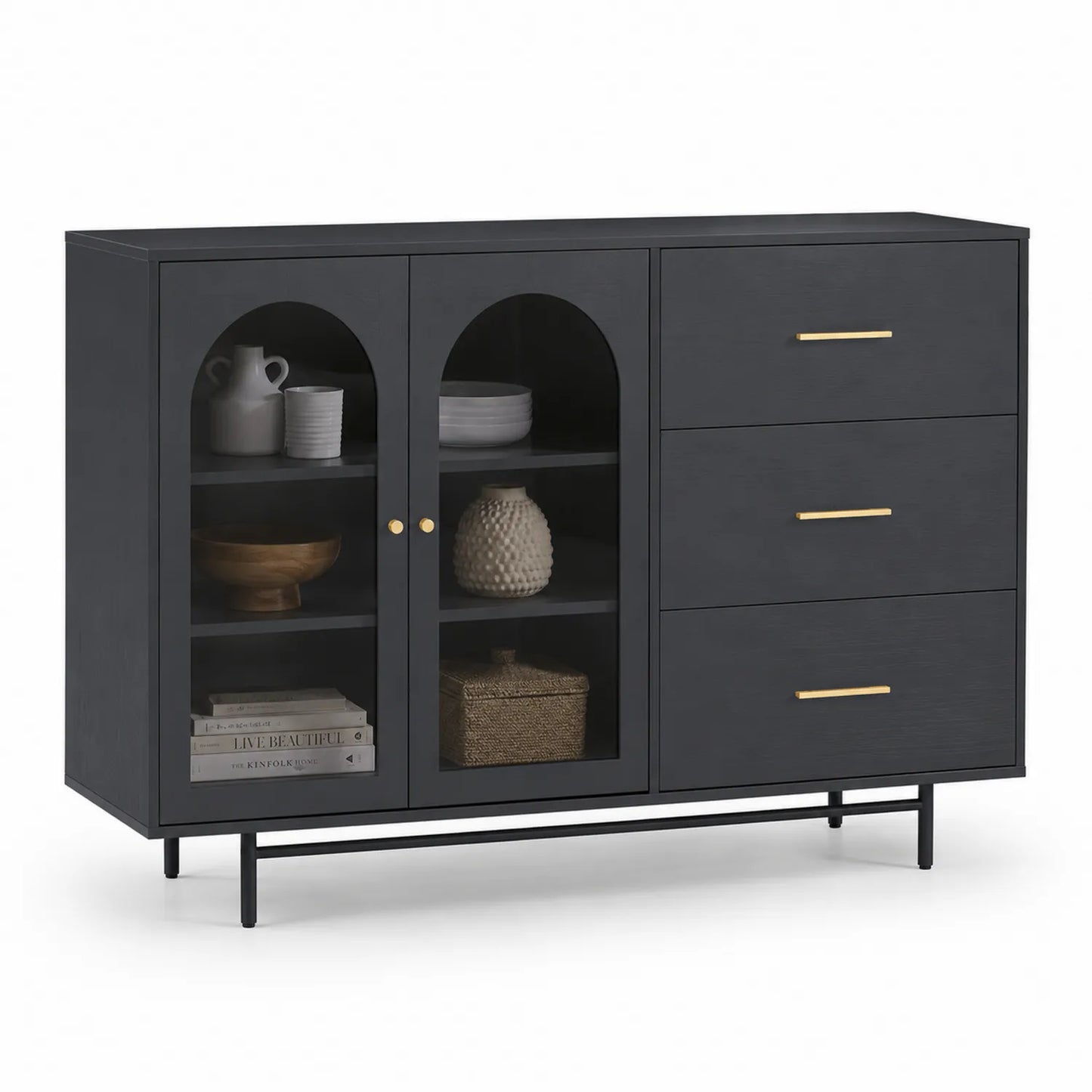 Credenza nera in MDF con ante in vetro e cassetti