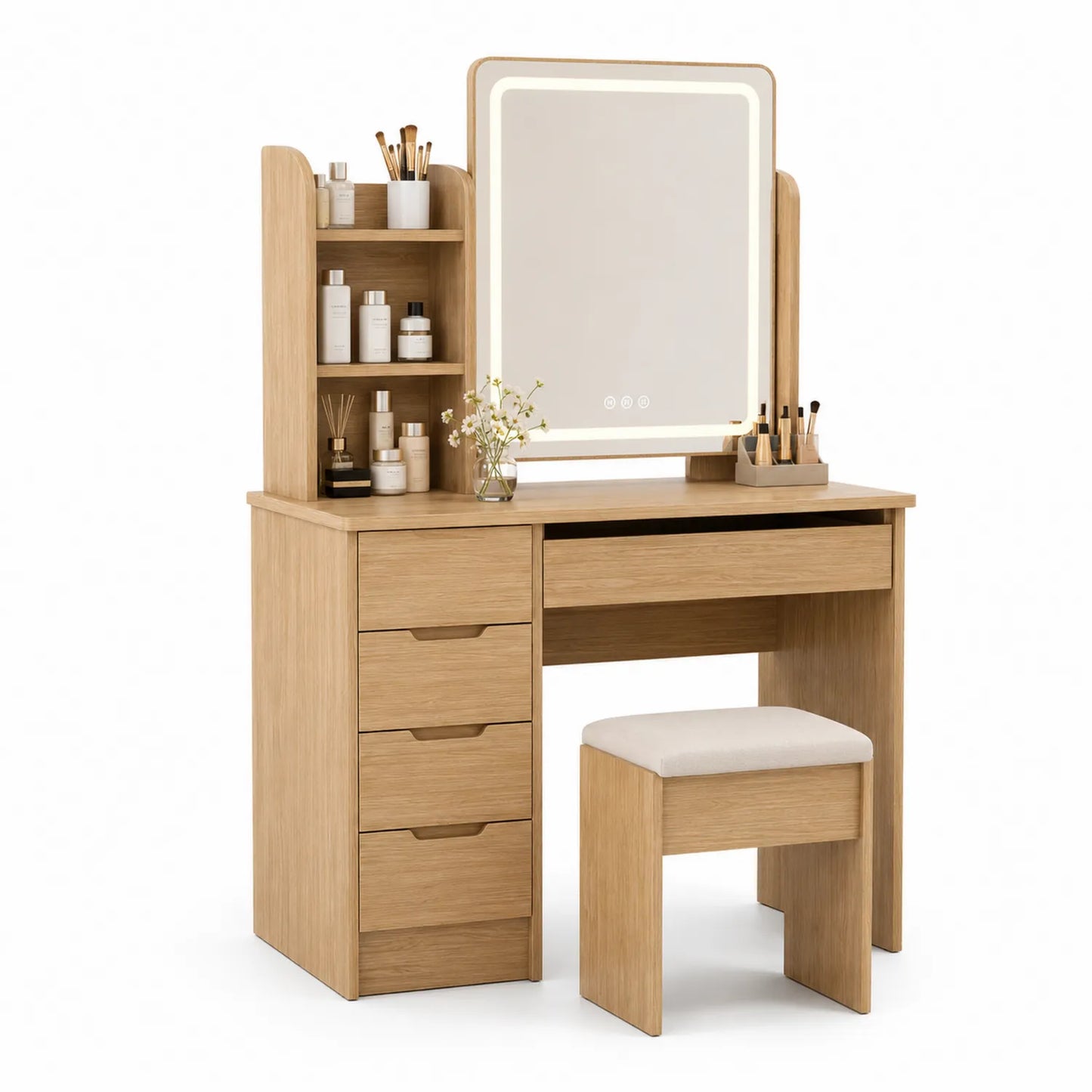 Toeletta in Legno Chiaro con Specchio LED e Sgabello