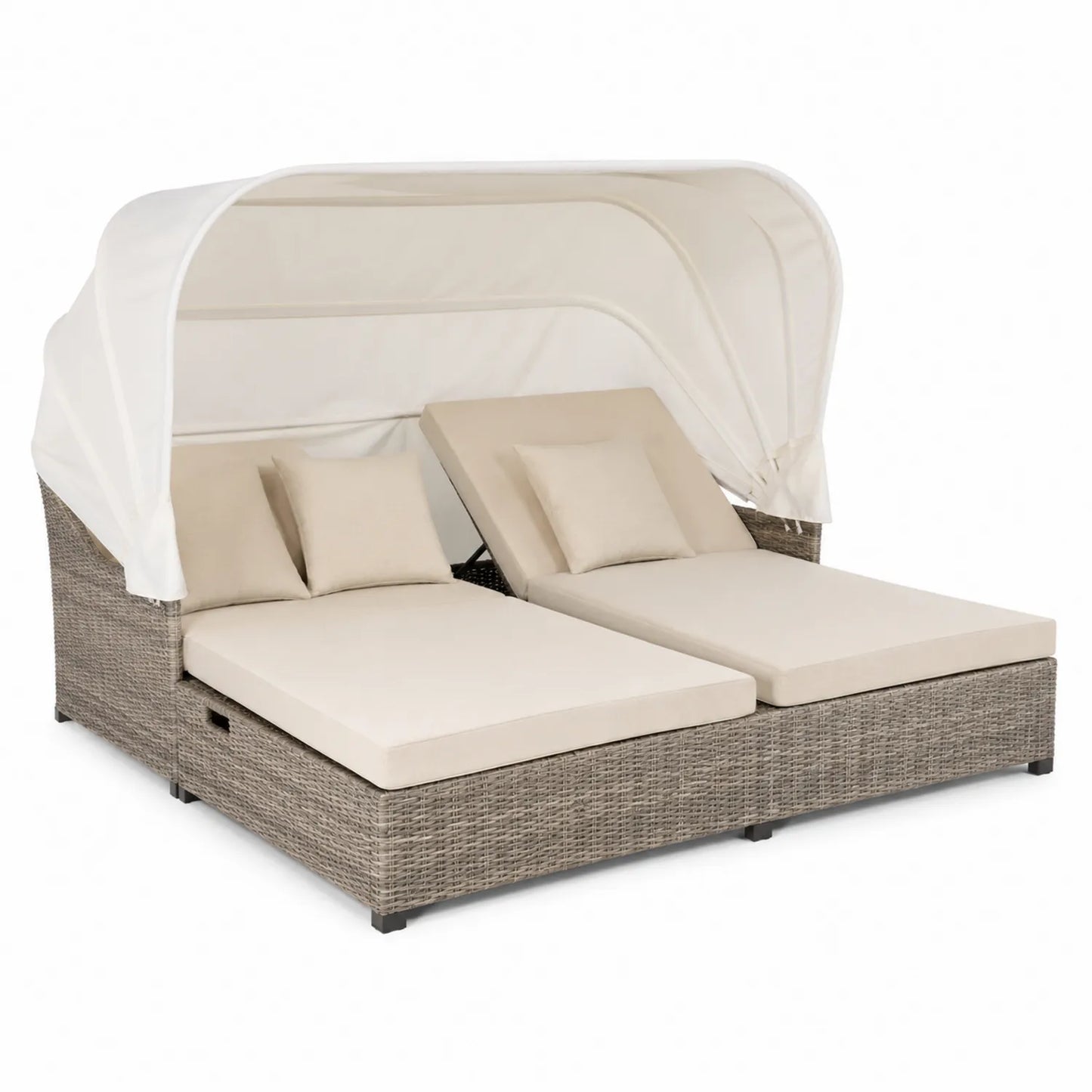 Lettino doppio in rattan e tessuto beige con baldacchino