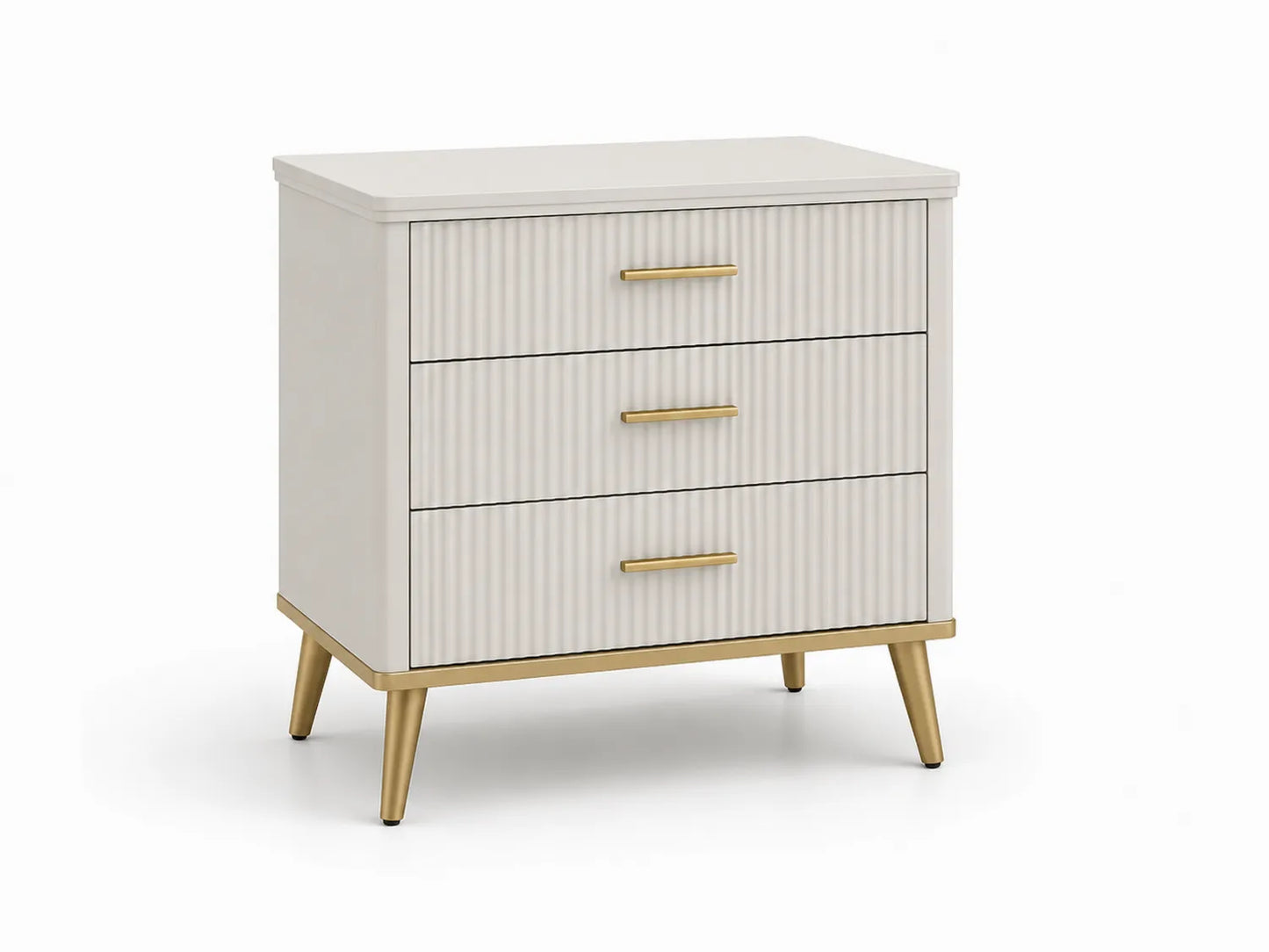 Comodino a 3 cassetti in MDF con gambe e maniglie dorate