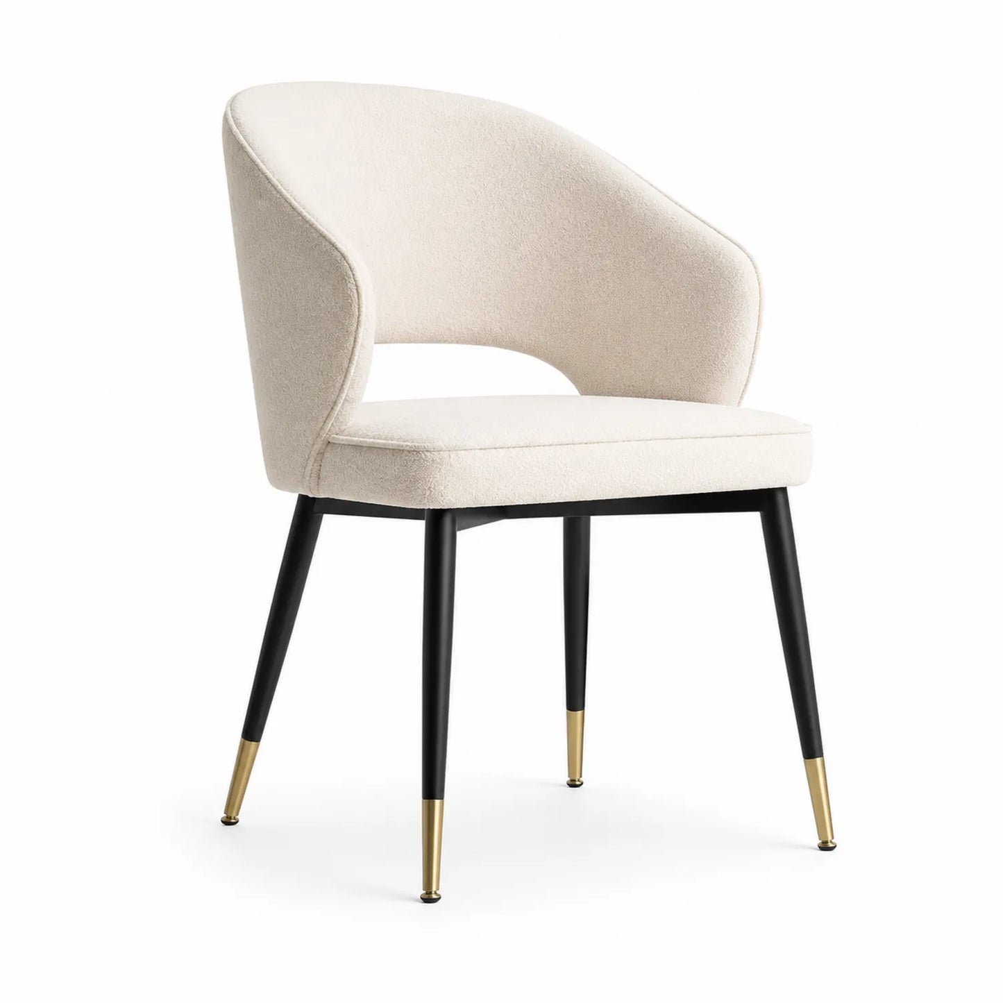 Sedia in Tessuto Poliestere Bianco Crema con Gambe in Metallo Nero e Dettagli in Ottone