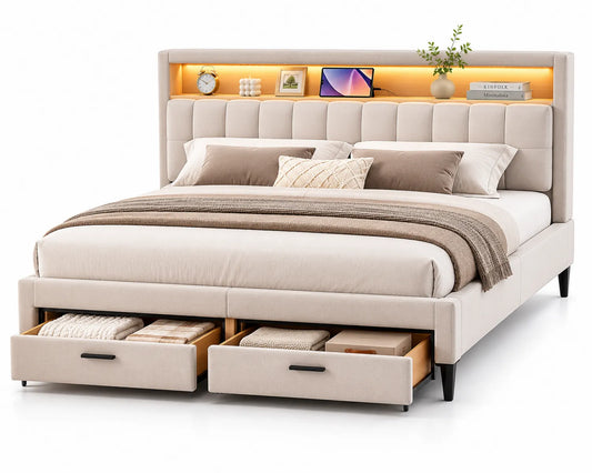 Letto matrimoniale con cassetti e libreria imbottito in tessuto beige