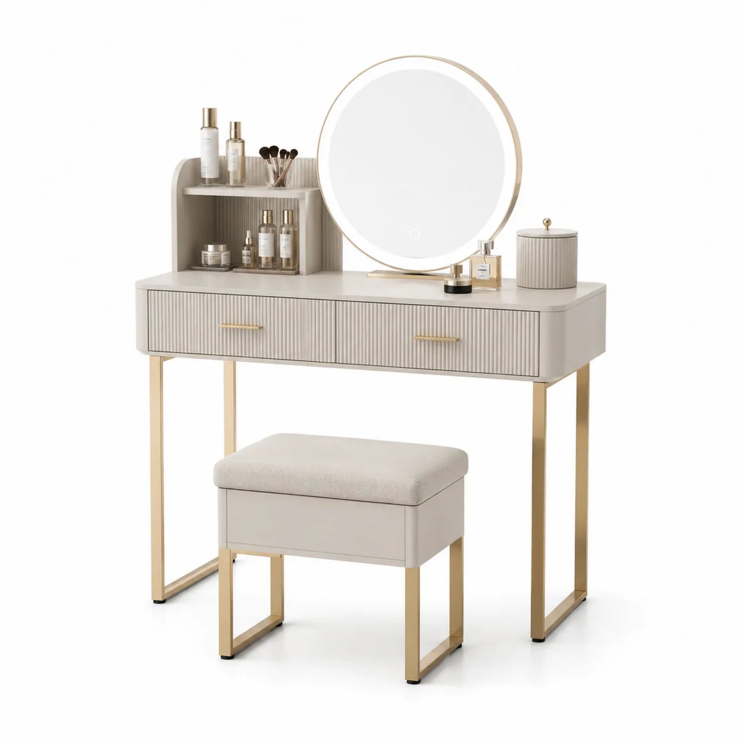 Toeletta in MDF Beige con Specchio LED e Sgabello