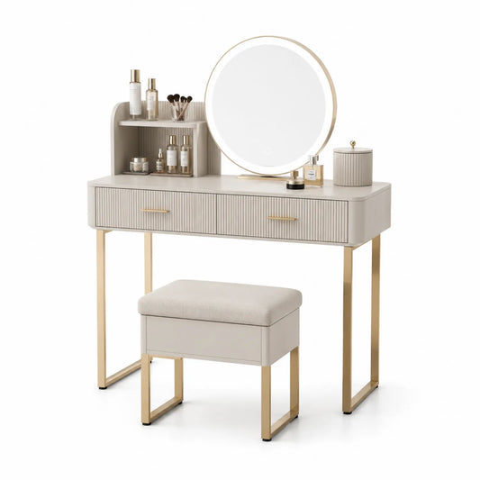 Toeletta in MDF Beige con Specchio LED e Sgabello