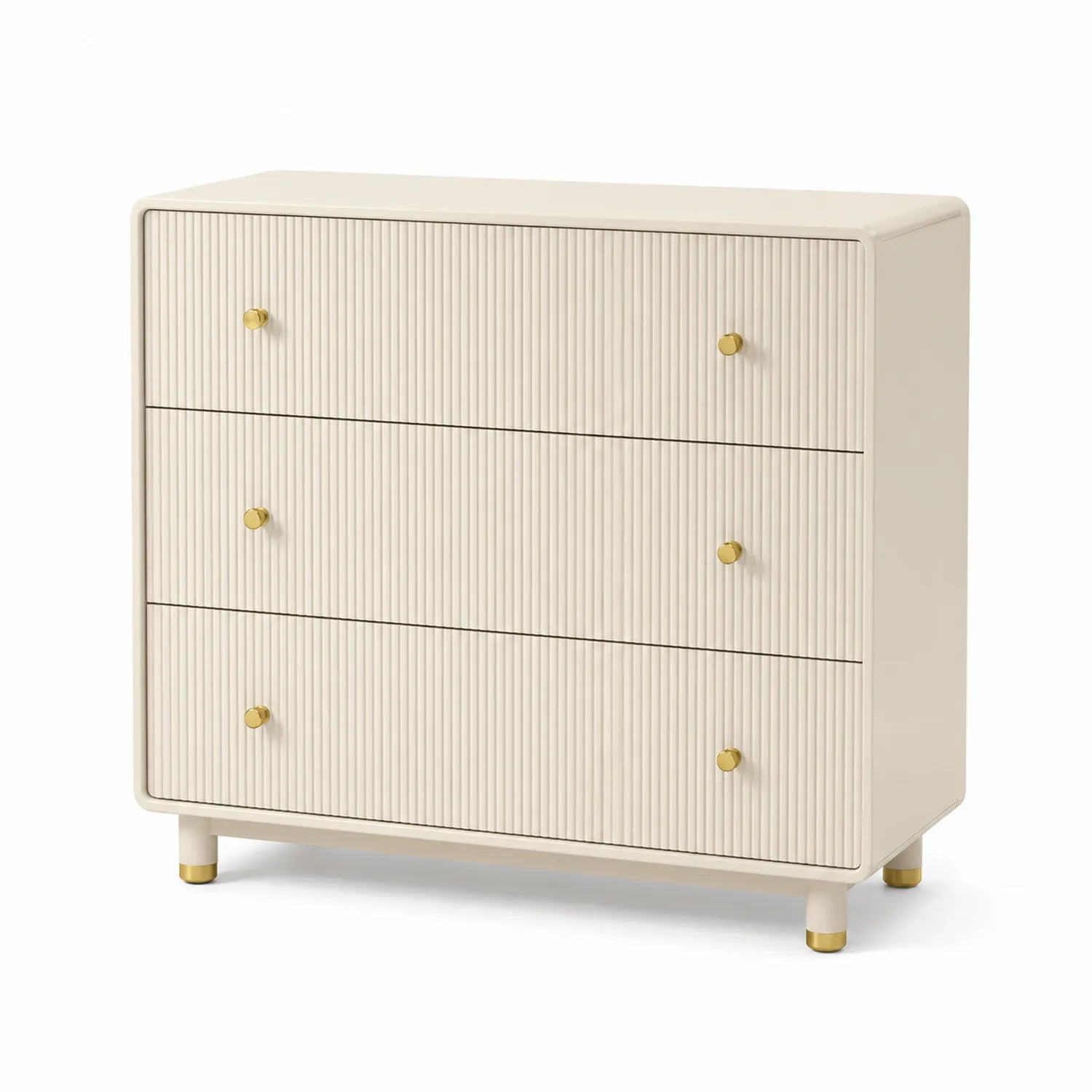 Cassettiera beige con 3 cassetti in legno e maniglie in metallo