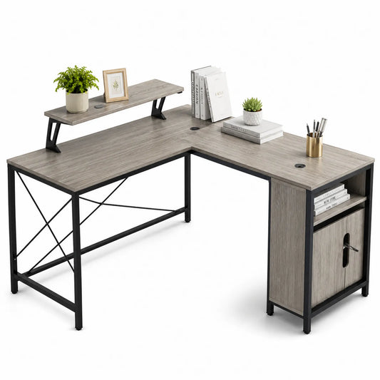 Scrivania angolare a L in MDF e Metallo Grigio Chiaro