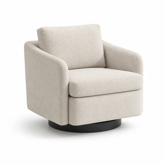Poltrona girevole in tessuto beige con base circolare nera