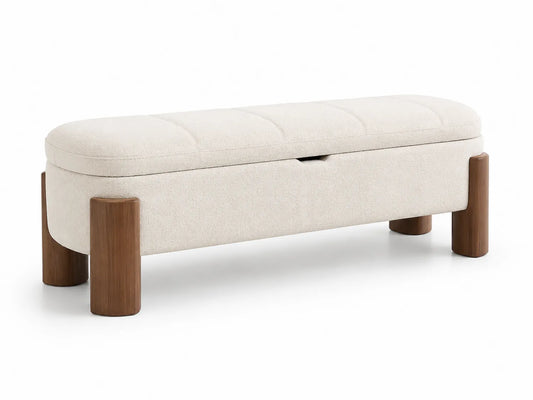 Panca contenitore in legno massello e tessuto beige