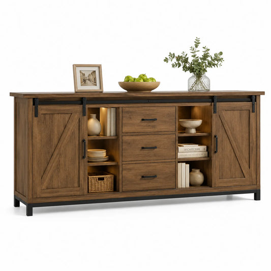 Credenza in legno con ante scorrevoli e cassetti
