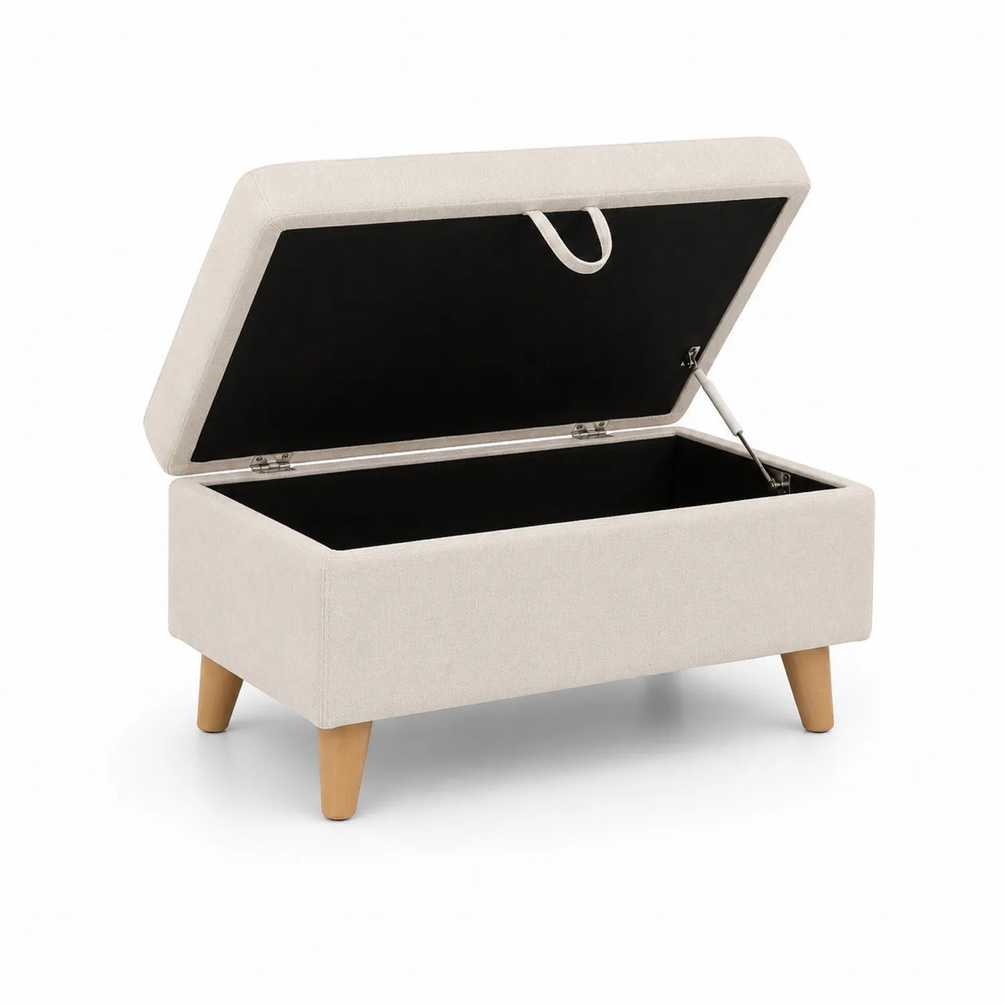 Pouf contenitore in tessuto con gambe in legno