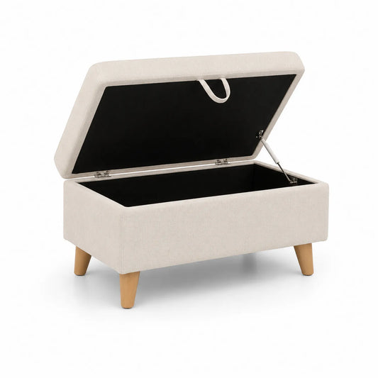 Pouf contenitore in tessuto con gambe in legno