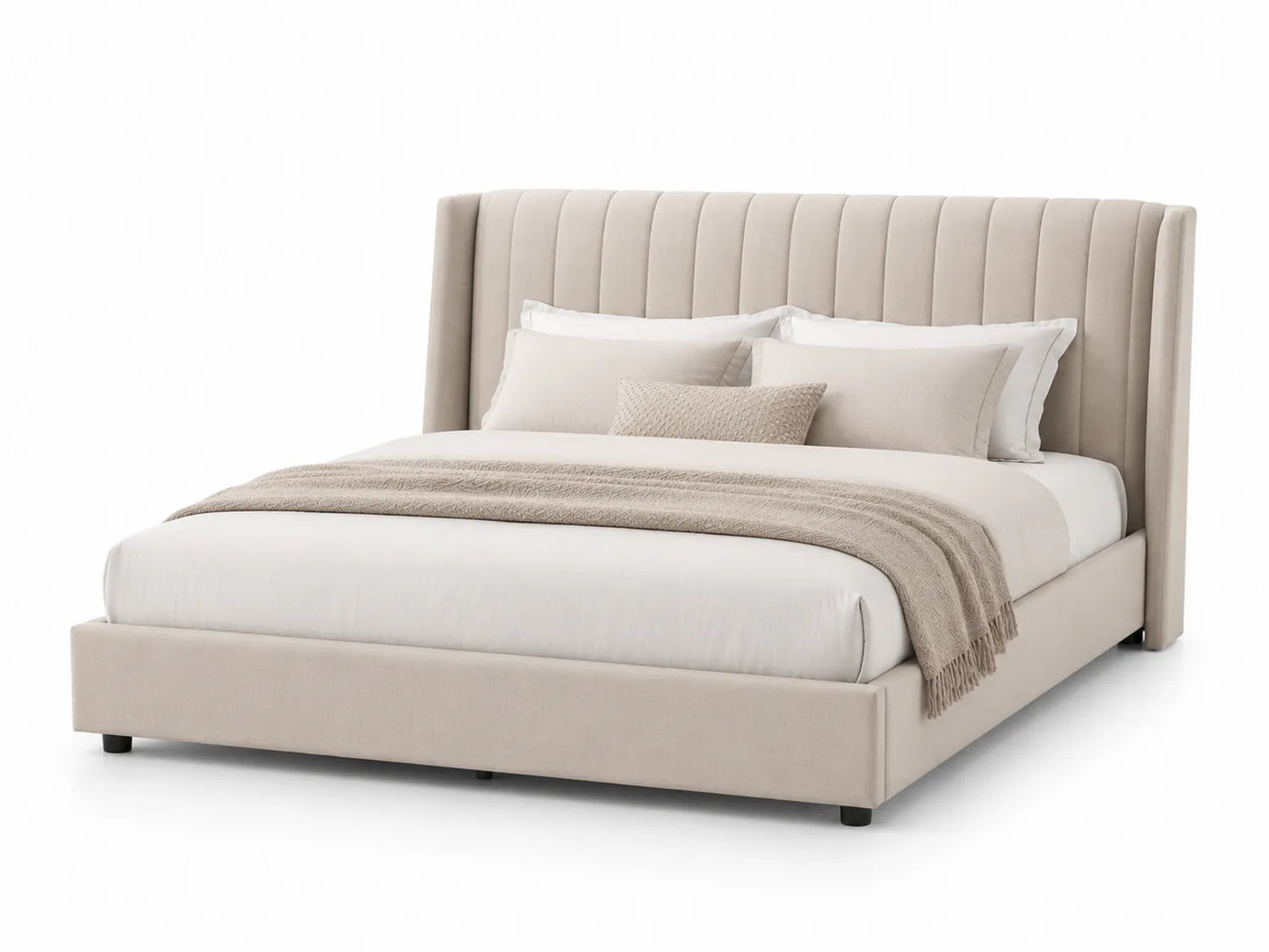 Letto imbottito in tessuto beige con testiera alta