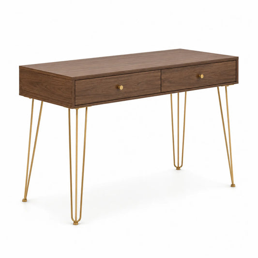 Scrivania in Legno Marrone con Gambe in Metallo Dorato