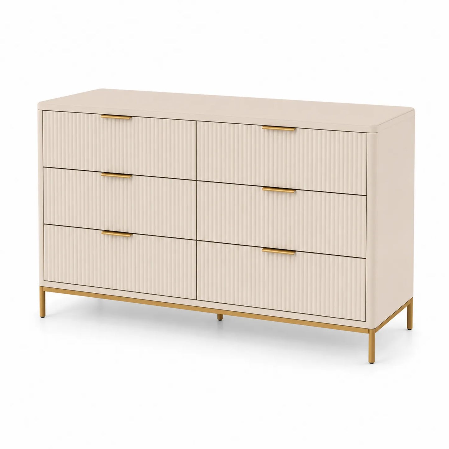Cassettiera in legno beige con maniglie dorate