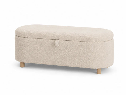 Panca contenitore ovale in bouclé e legno Bianco 120x45x45 cm