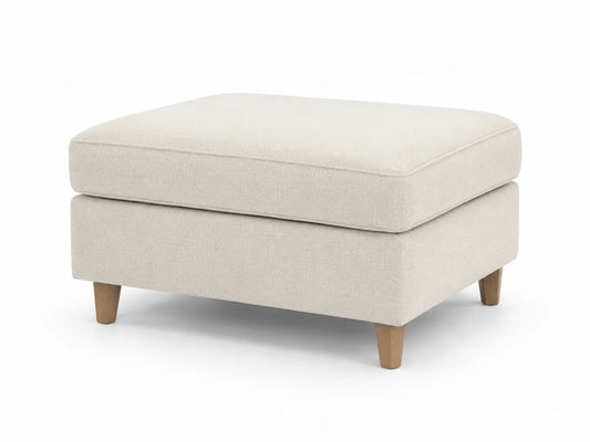 Pouf in tessuto beige con gambe in legno