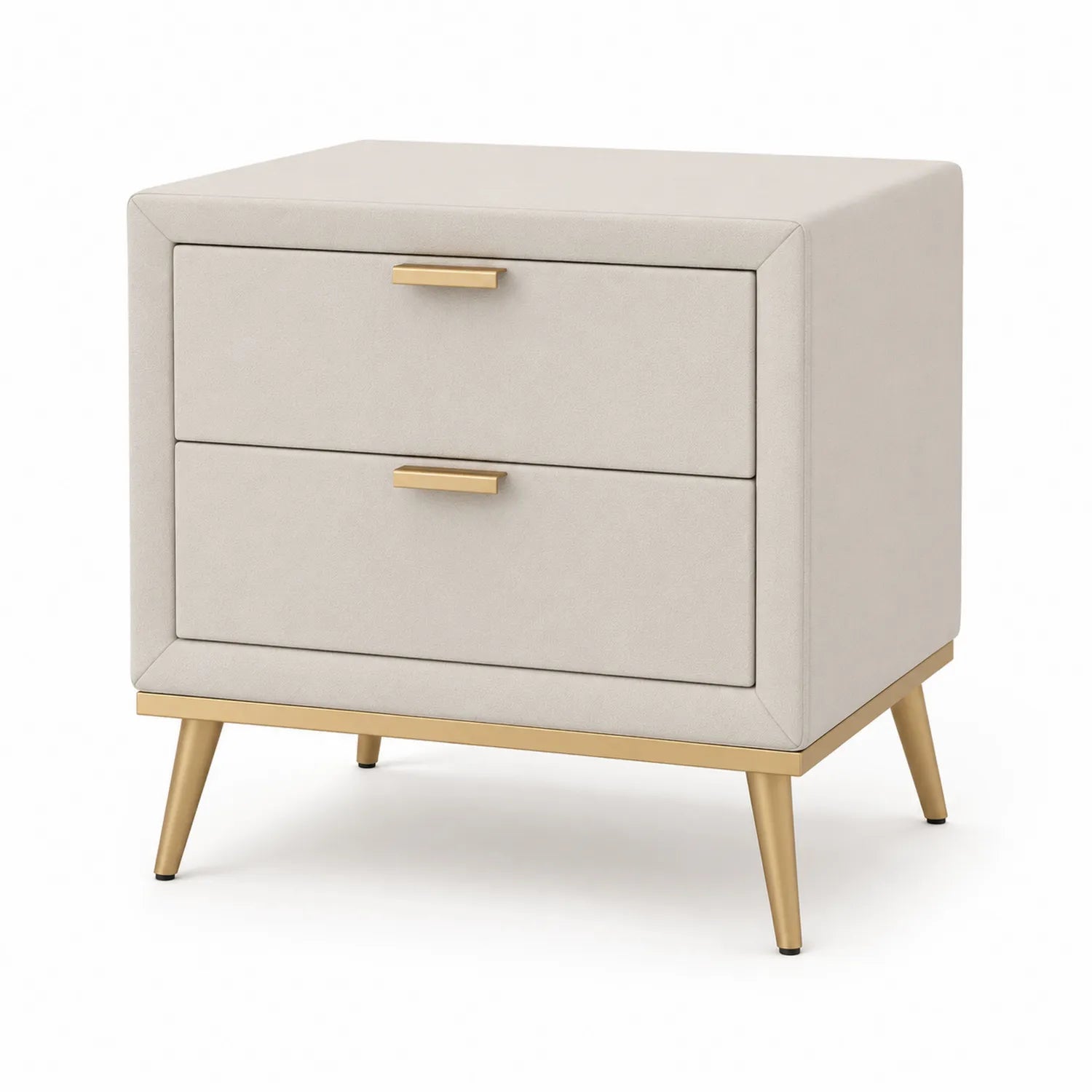 Comodino in Legno Rivestito Beige con Gambe in Metallo Dorato
