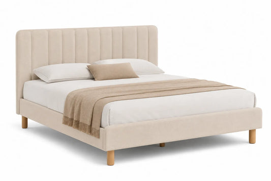 Letto matrimoniale in legno e tessuto beige con testiera imbottita 200x160 cm