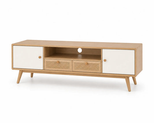 Mobile TV in legno di rovere e rattan 160x40x50 cm