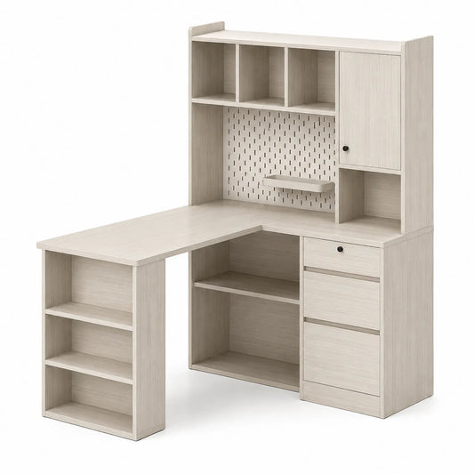 Scrivania angolare in legno MDF con scaffali e cassetti