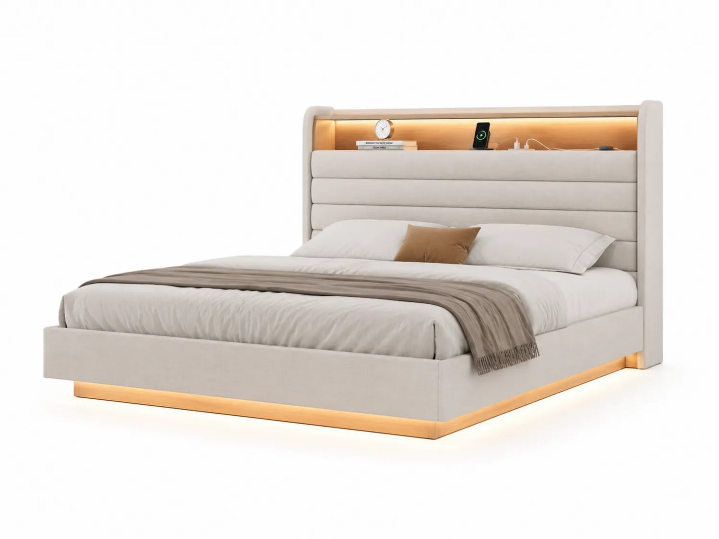 Letto matrimoniale in tessuto beige con luci LED e testiera imbottita in legno composito