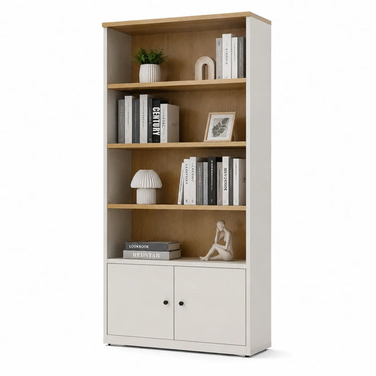 Libreria a 4 ripiani con ante in Legno MDF Bianco e Rovere 190x80x30 cm