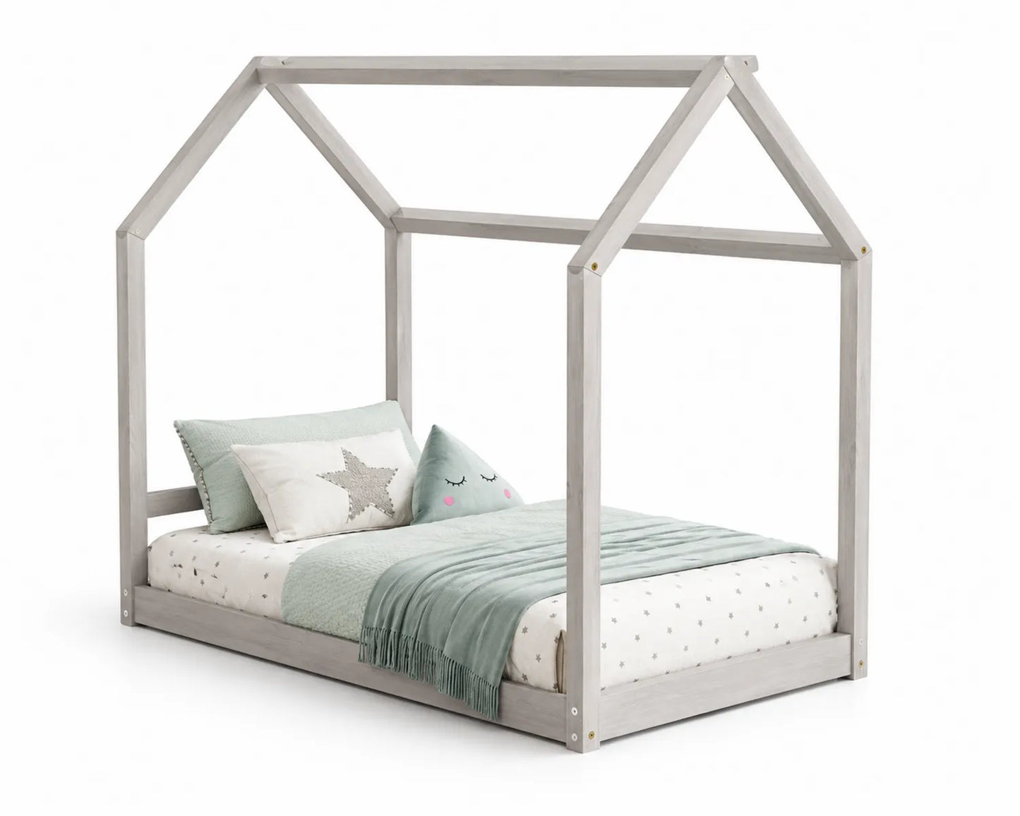 Letto a forma di casetta in legno di pino con cuscini Grigio 80x160 cm