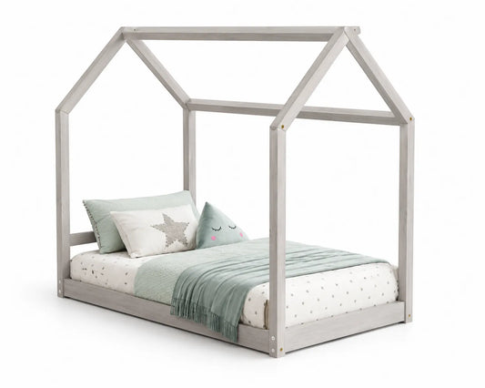 Letto a forma di casetta in legno di pino con cuscini Grigio 80x160 cm