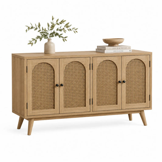 Credenza in legno di quercia e rattan 4 ante Naturale