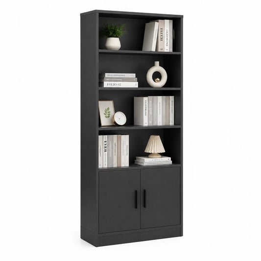 Libreria in MDF nero con ripiani e ante
