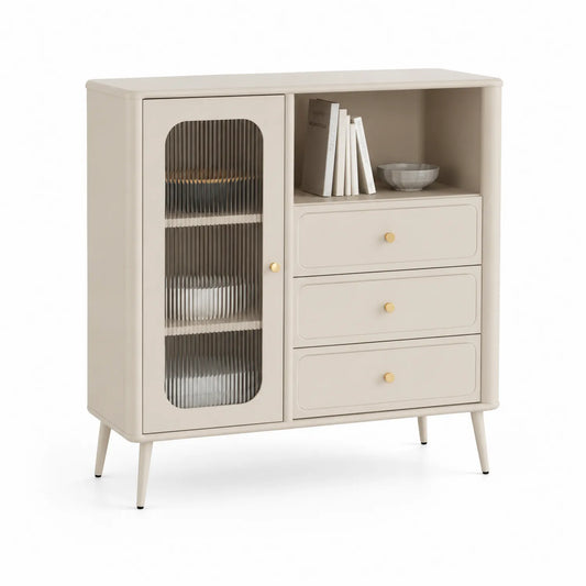 Credenza Beige con Anta in Vetro e Cassetti in MDF