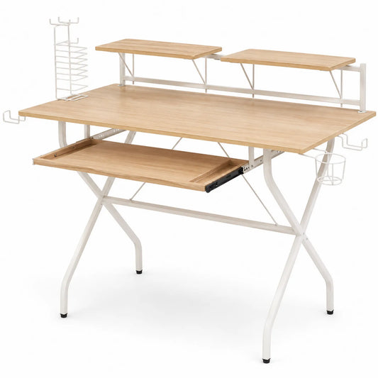 Scrivania in Legno MDF e Metallo con Mensole e Ripiano Tastiera