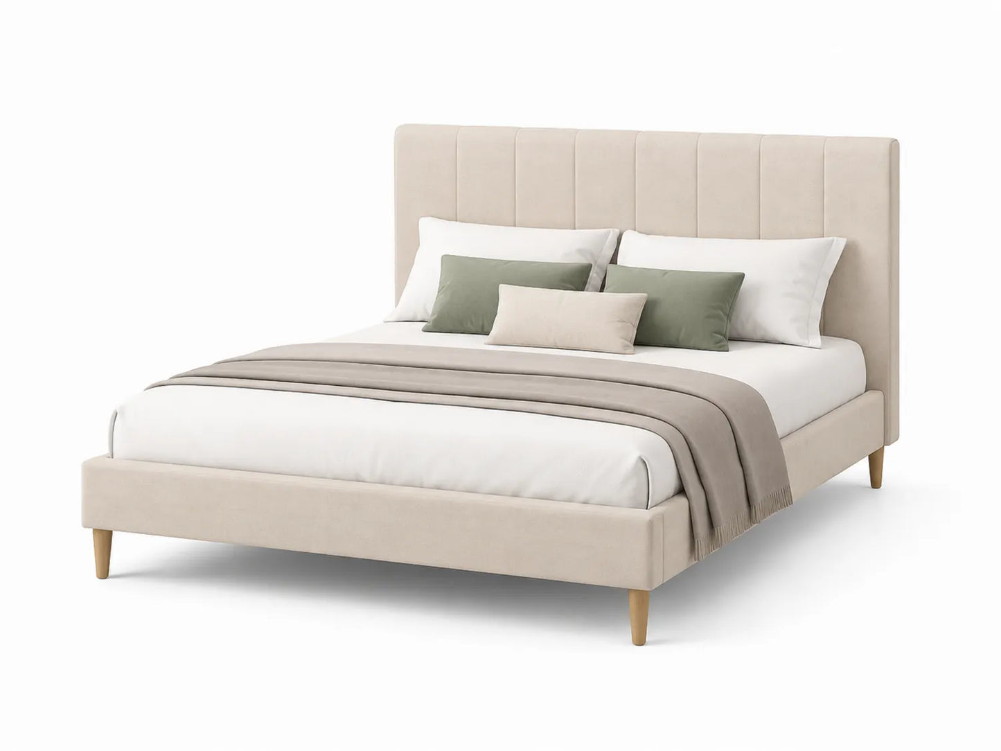 Letto matrimoniale in tessuto beige con gambe in legno