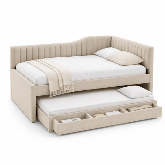 Letto angolare con letto estraibile e cassetto in tessuto