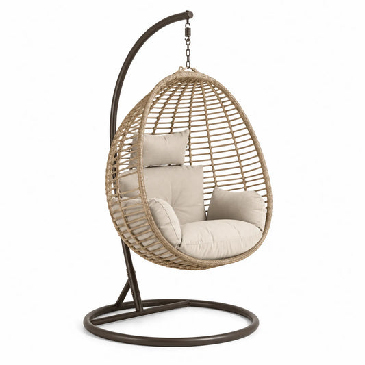 Poltrona Sospesa in Rattan Sintetico con Cuscini Beige e Struttura in Acciaio