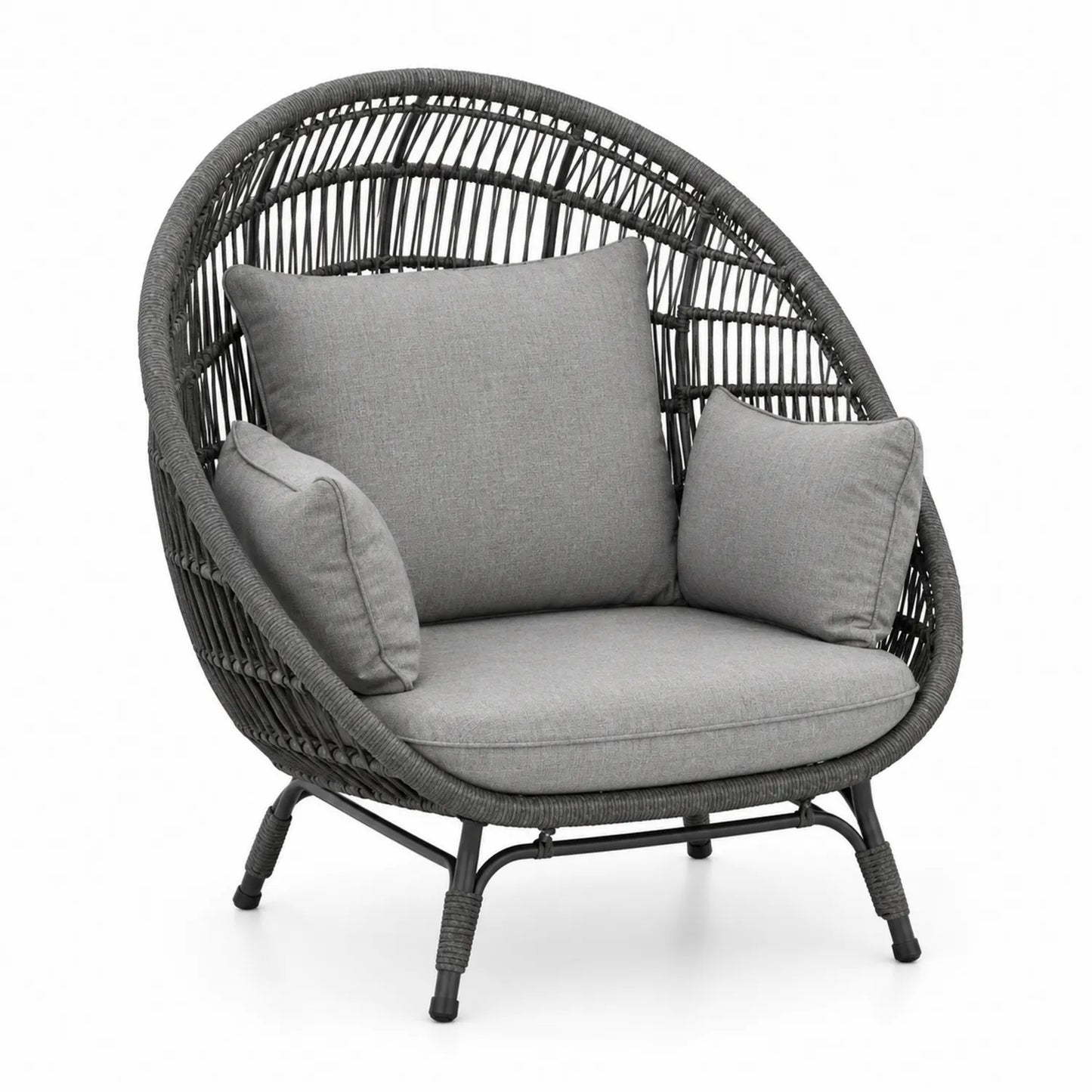 Poltrona in Rattan Sintetico e Acciaio Grigio con Cuscini in Poliestere
