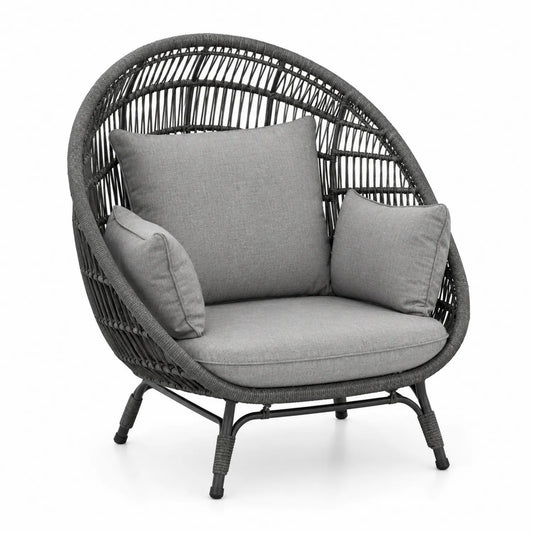 Poltrona in Rattan Sintetico e Acciaio Grigio con Cuscini in Poliestere