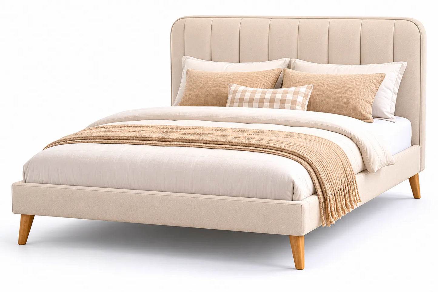 Letto in tessuto beige con piedini in legno massello 160x200 cm